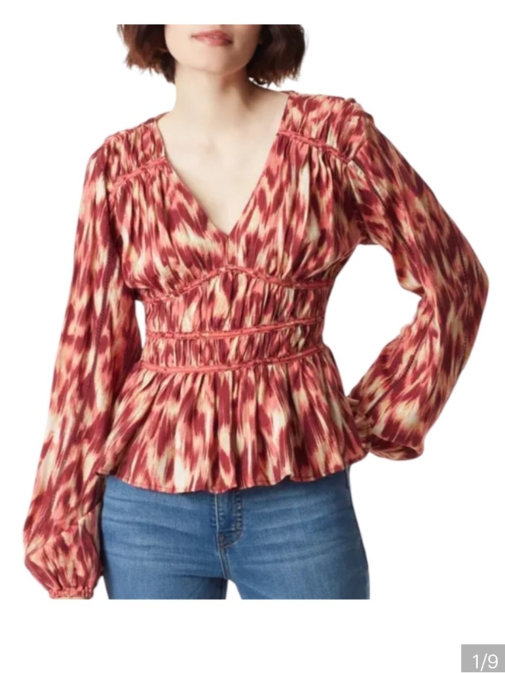 Sam Edelman Red Multicolor V-Neck Smocked Peplum Blouse